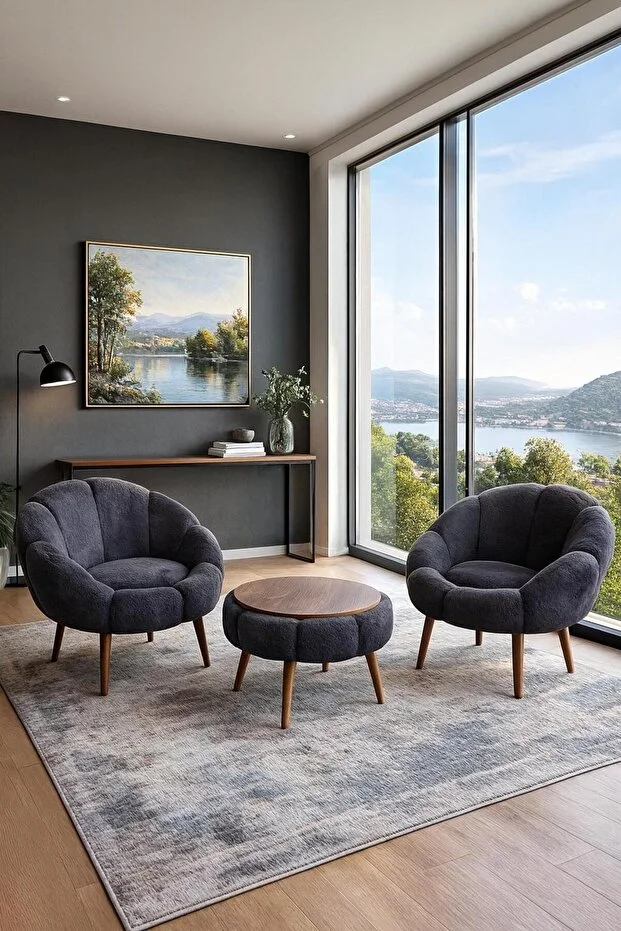 LİDA Antrasit Wellsoft Peluş Kumaş İkili Berjer Seti ÖZEL SEHPALI (Salon, Balkon, Ofis)